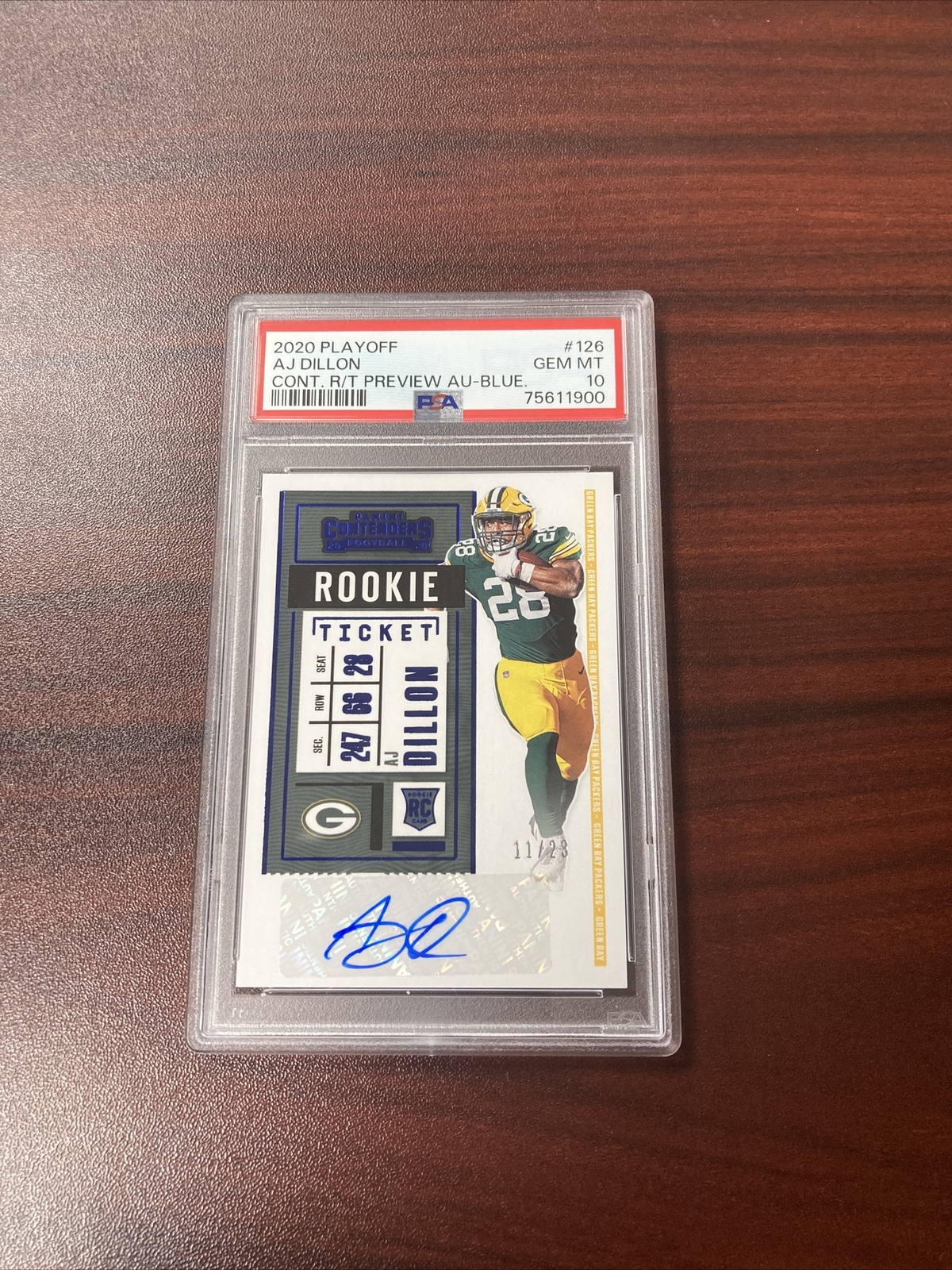 AJ Dillon Panini Playoff Contenders Rookie Ticket Preview Autographs #126 Blue