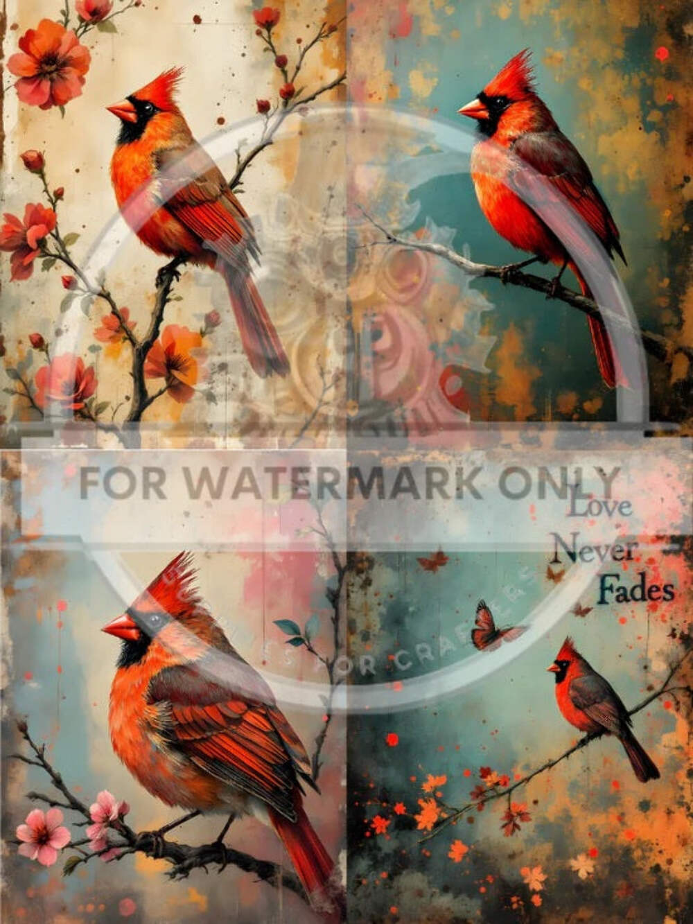 Decoupage Central, Rice Paper, Red, Cardinals, Shabby Chic, Squares, DC681, Deco