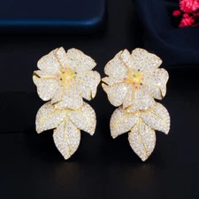 Luxury Fashion 18k Gold Mirco Pave CZ Bridal Wedding Long Flower Dangle Earrings