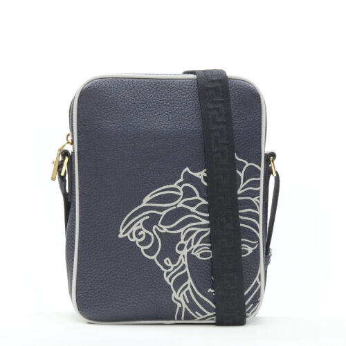 VERSACE Pop Medusa navy grey calf leather Greca crossbody messenger bag