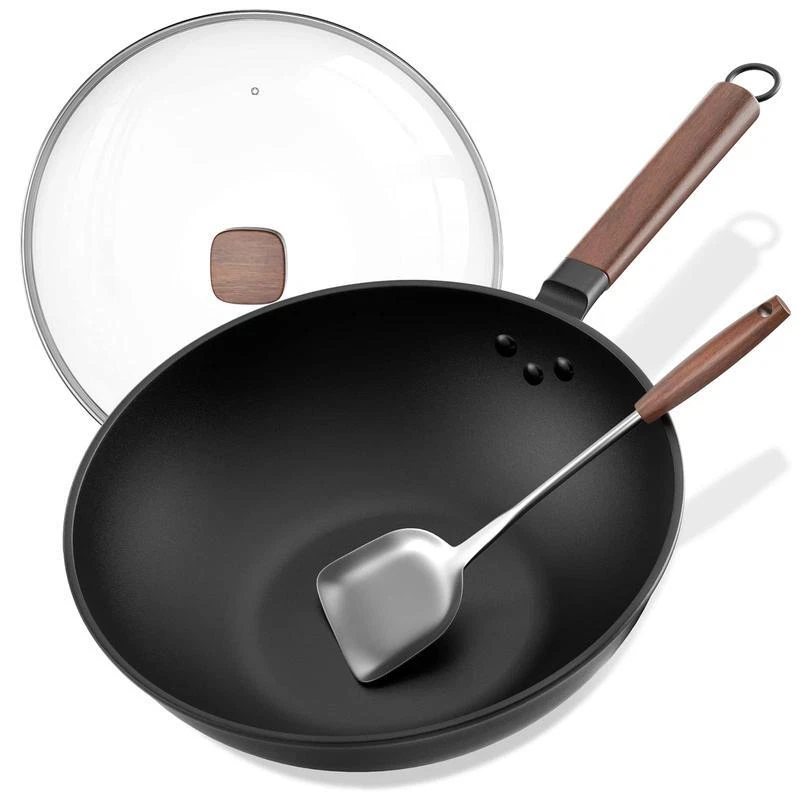 Carbon Steel Wok, 13 Inch Wok Pan with Lid and Spatula, Nonstick Woks