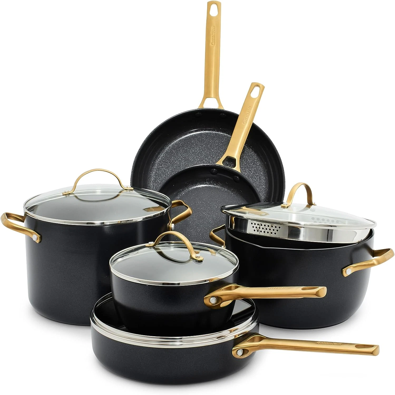 Healthy Ceramic Nonstick 10-Piece Cookware Set with Gold Handles, Black