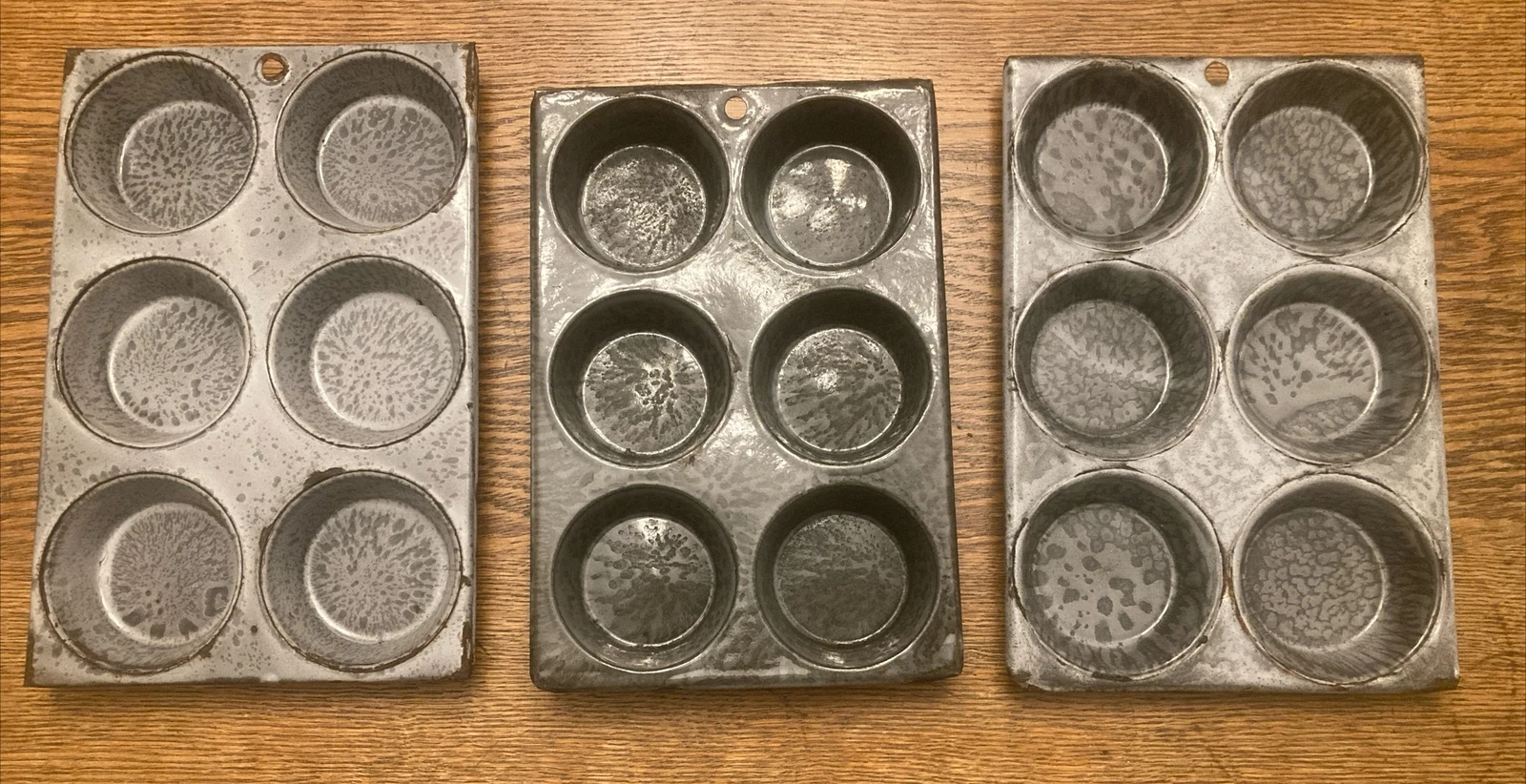 3 Vintage Primitive Graniteware Gray Splatter 6 Cup Muffin Pans Deep & Shallow