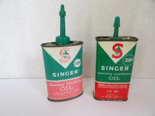 2 Vintage Metal Singer Sewing Machine Oil Tins Cans both w/ Oil
