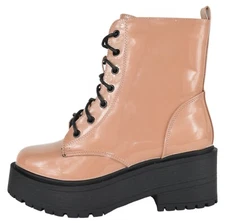 Top Moda Combat Boots Lace Up Zipper Lug Platform Sole Booties TOON Beige Patent