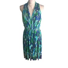Calvin Klein Halter Dress Sleeveless Sz M Fit and Flare Plunge Neckline Modern