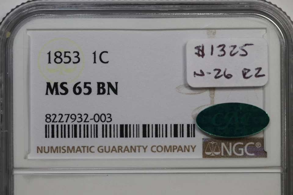 1853 N-26 R-2 NGC MS 65 BN CAC Braided Hair Large Cent Coin 1c - Image 3 of 3