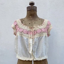 Antique Vintage Edwardian 1900s Pink Crochet Cotton Chemise Corset Cover Size M