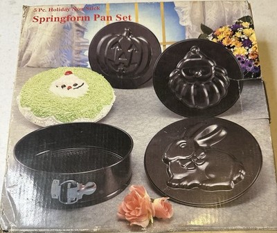 Holiday Springform Cake Pan Set Pumpkin Bunny Santa Nonstick 5pc Vintage