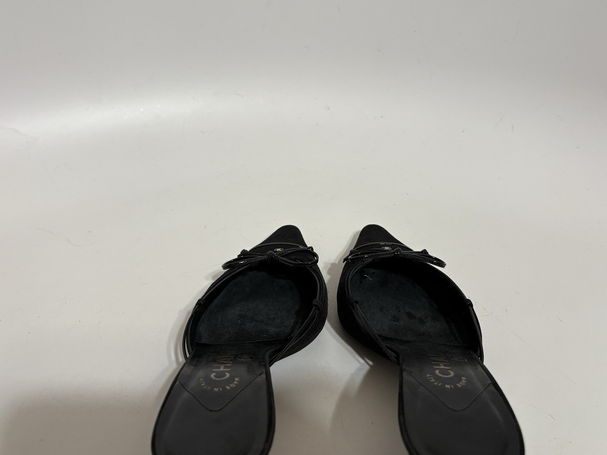 Vtg Chanel Black Suede CC Logo Bow Mule Heels 36 | eBay