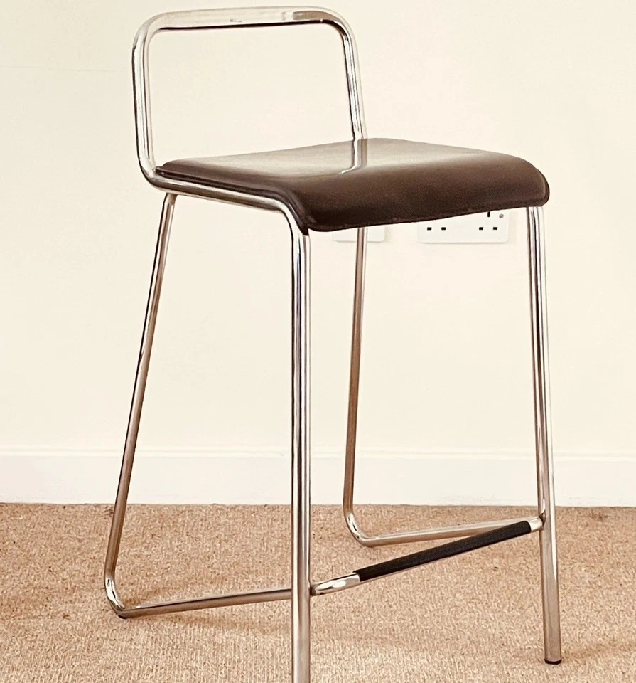 Paar 80er Jahre Stil italienische Effezeta Bar Thekenhocker Chrom & braunes Leder - Bild 3 von 4