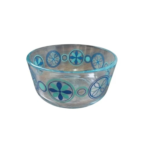 Vintage Pyrex Pinwheel Flowers Blue Turquoise Design Glass Bowl 3x6 Made In Usa