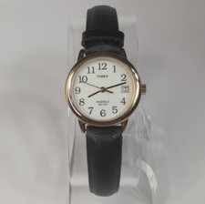 Timex Ladies 25mm Easy Reader Watch Gold Tone White Dial Black Leather Date