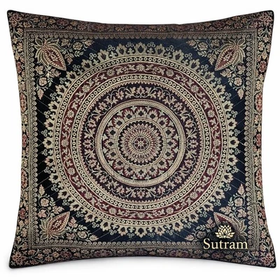 Funda Cojín Seda Brocado Mandala Negro 16x16 Hecho a Mano Boho Almohada Decor... - Imagen 1 de 4