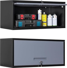Metal Garage Wall Cabinet w/Doors, Floating Tool Cabinet Black Gray, 13.7" H 