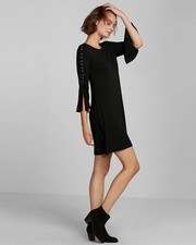 Express Black Lace-Up Sleeve Knit Shift Dress 3/4 Sleeve Size S