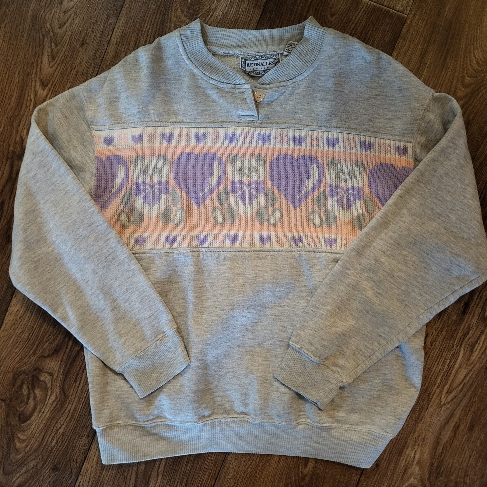 Justin Allen New York Sweatshirt Women's L Gray Teddy Bears Hearts Pullover