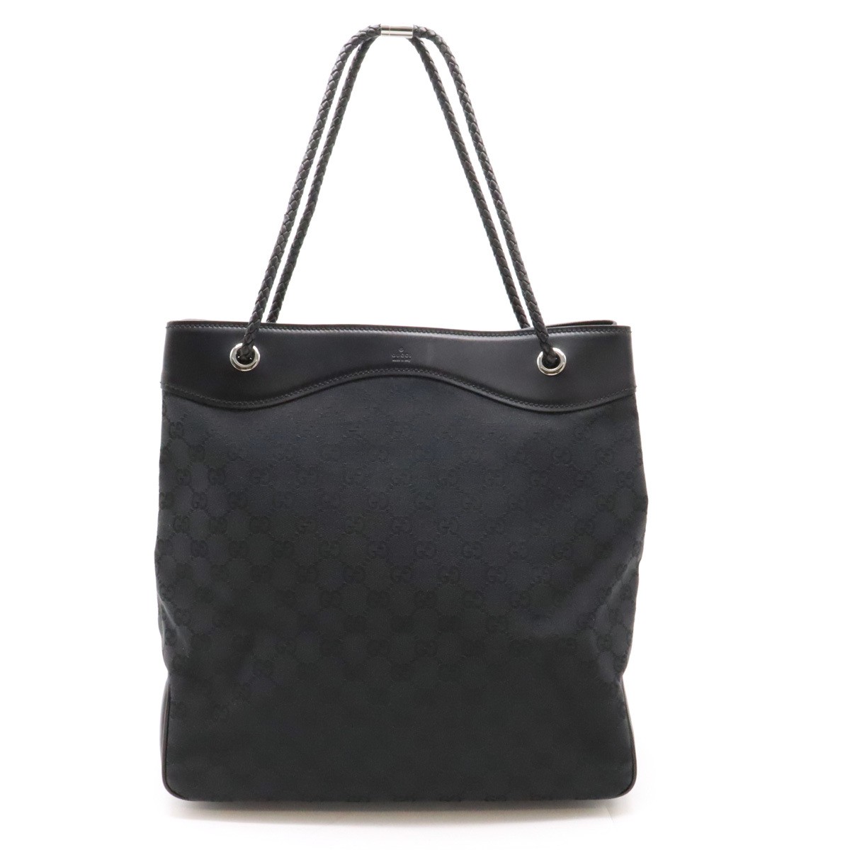 GUCCI GG Canvas Tote Bag in Black with Silver Hardware and Leather Accents
