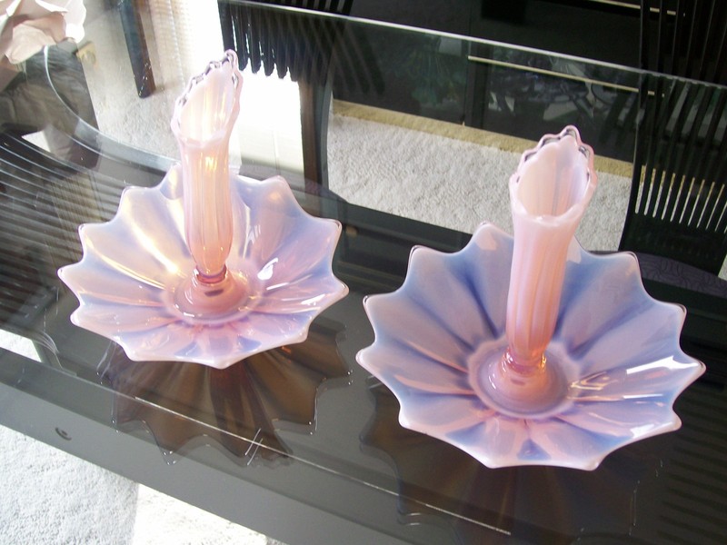 FOSTORIA HEIRLOOM PINK OPALESCENT FLORA CANDLE BOWL EPERGNES #2183/311