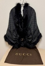 GUCCI GG Pattern Wool Silk Stole Fox Fur Gray Black 18.9in Shawl w/Dust bag Used