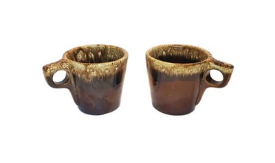 Pair Of 2 Vintage Hull Ovenproof Ceramic Drip Glaze Coffee Mugs Brown Pottery US