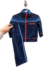 adidas Boys Tracksuit Set Navy Blue Blue Orange Jacket Pants Logo Contrast Trim