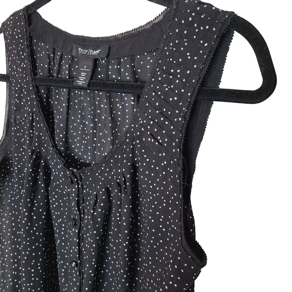 White House Black Market Womens 8 Black White Polka Tie Front Sleeveless Blouse - Изображение 4 из 4