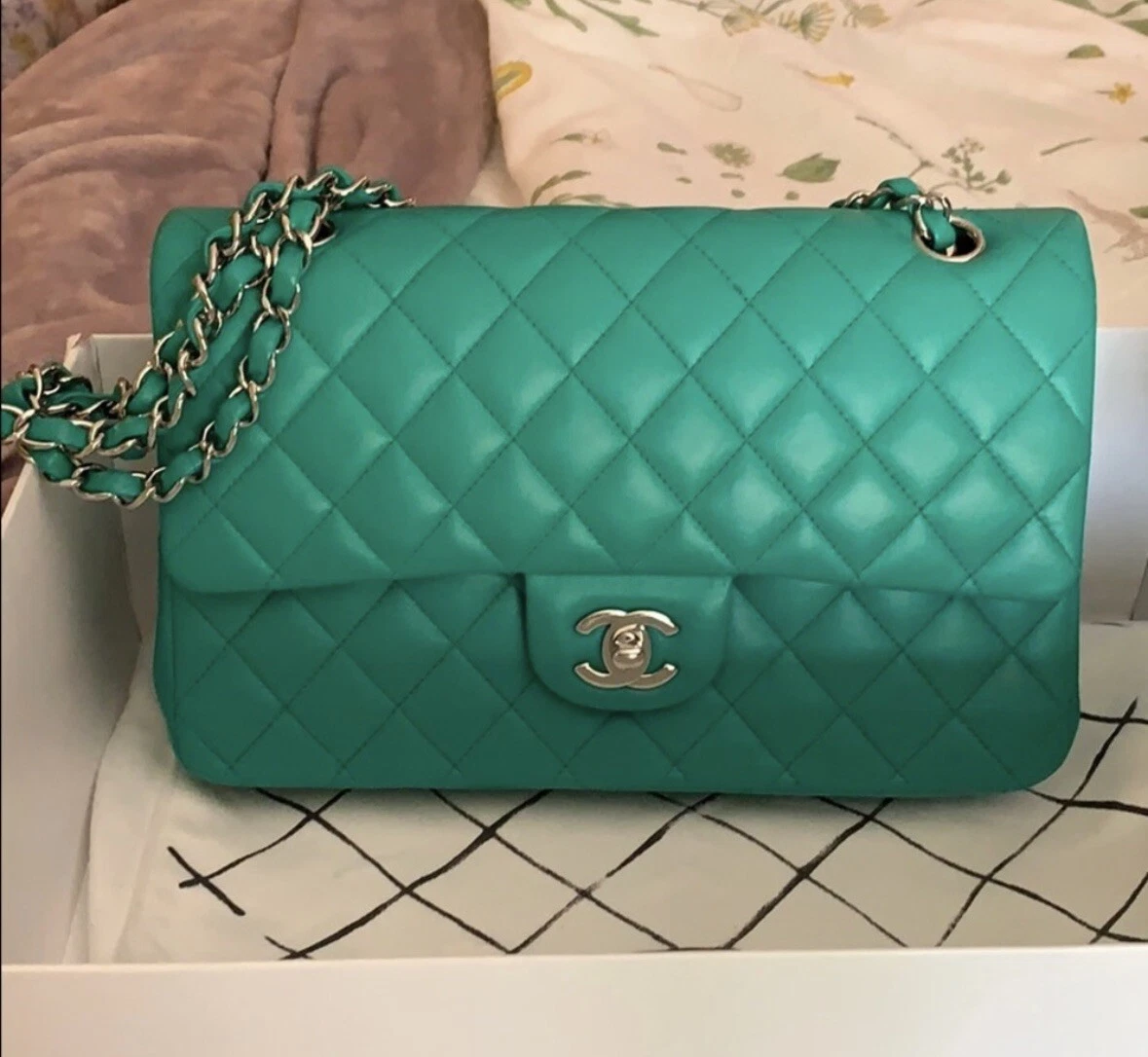 Authentic CHANEL Classic Double Flap Medium Mint Green Lambskin. Great Condition | eBay Authentic Chanel Classic Double Flap Medium Mint Green Lambskin. Great Condition | Ebay