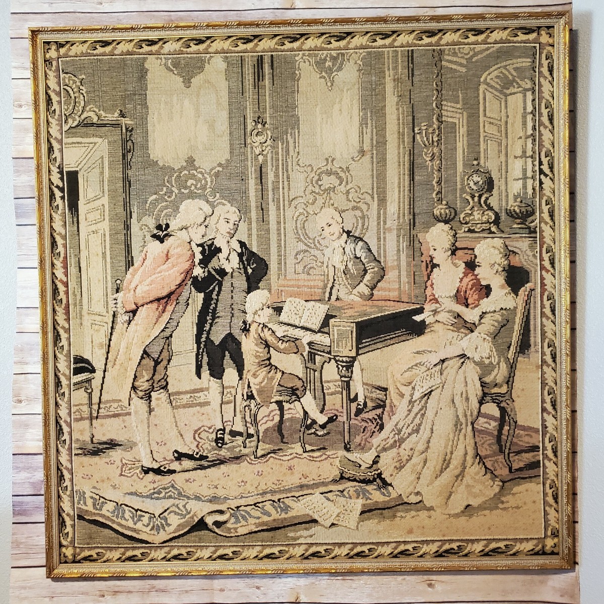 1920s Antique French Tapestry Gold Framed Wall Art 38x39