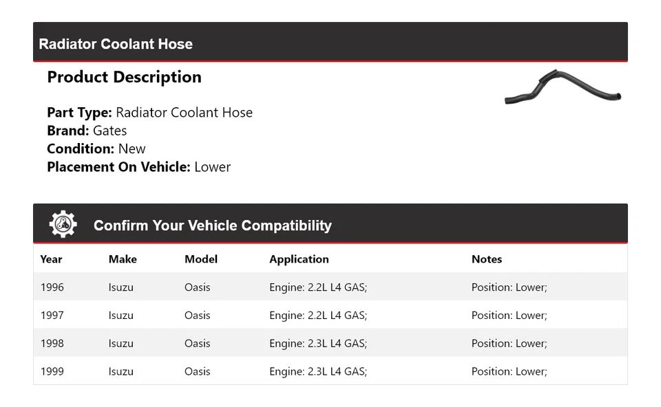 Manguera de refrigerante de radiador Isuzu Oasis 1996-1999 puertas inferiores 1997 1998 Foto 2 de 4