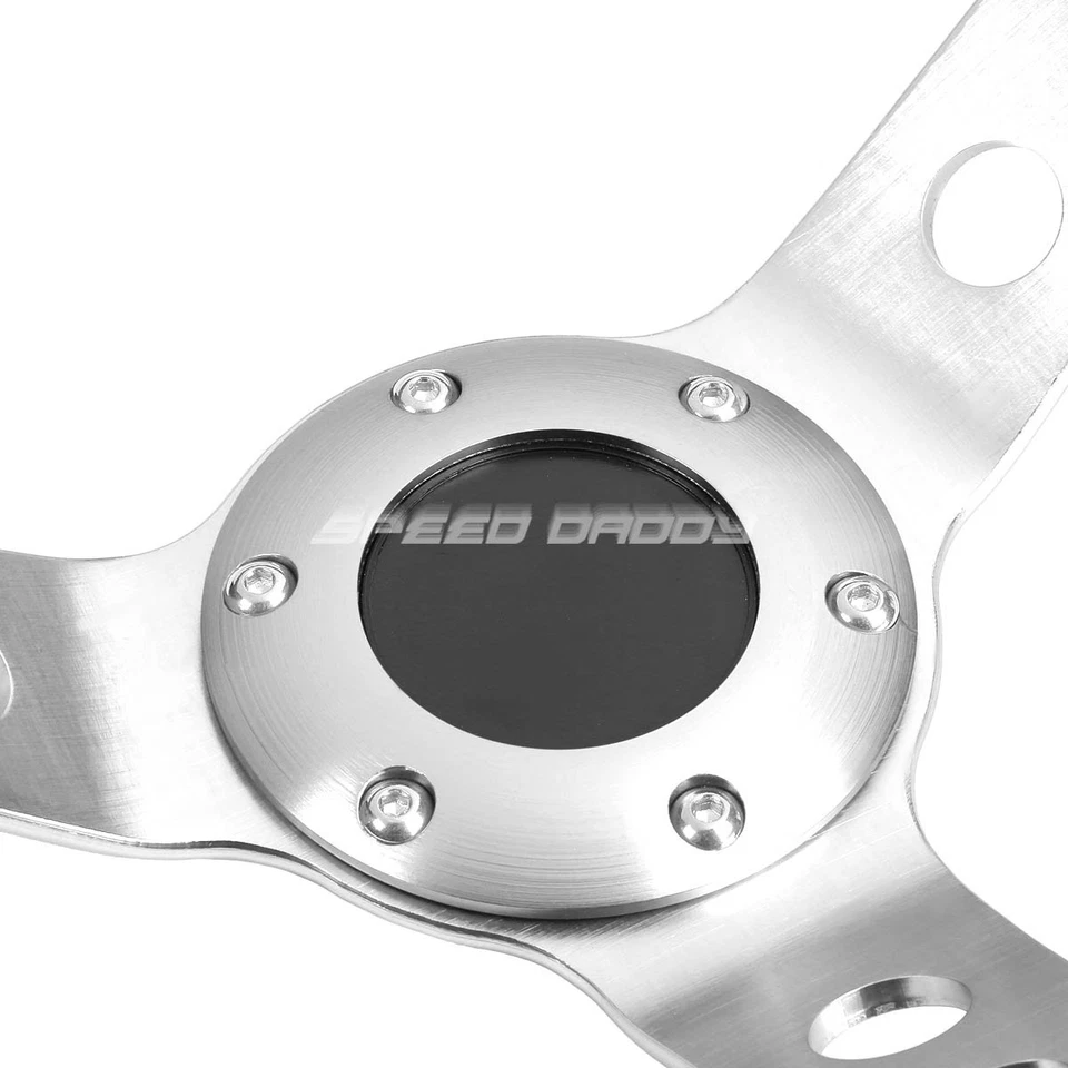 350MM 3" PLATO PROFUNDO 6 PERNOS PLATA VOLANTE CARRERAS COSTURAS ROJAS + BOTÓN BOCINA Foto 2 de 4