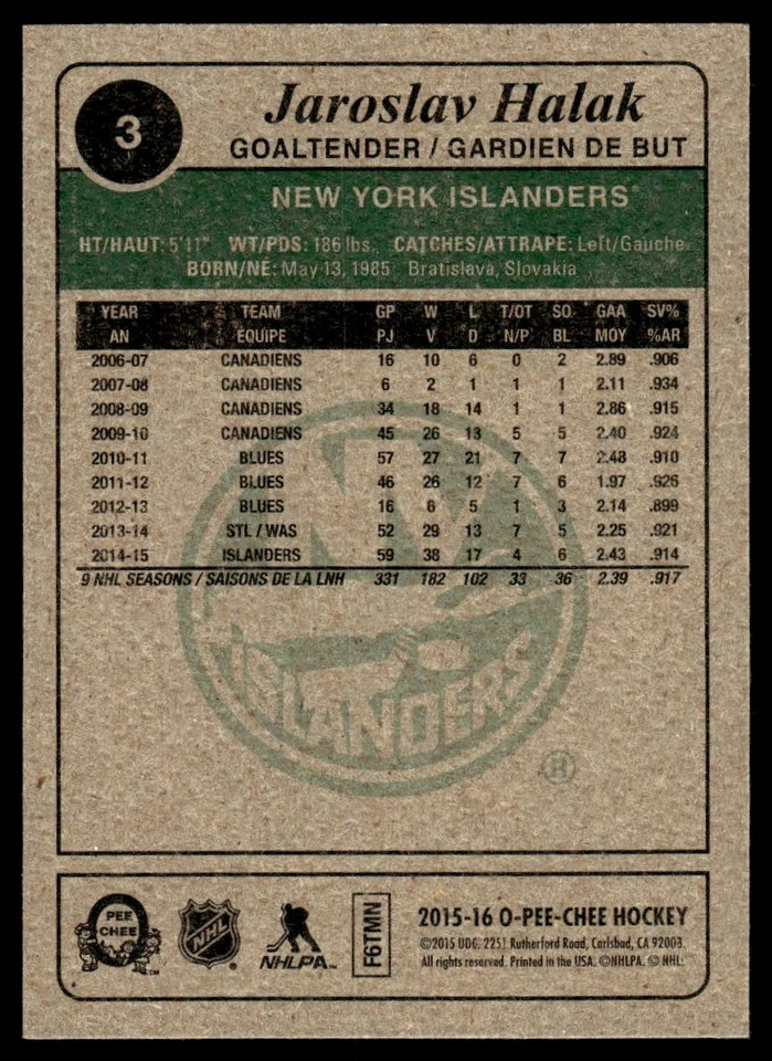 2015-16 O-Pee-Chee Retro Jaroslav Halak New York Islanders #3 - Image 2 of 2