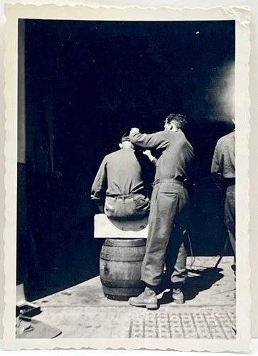WWII Era Vtg Snapshot Soldiers Haircut Barrel Outdoor Barbershop Military Photo
