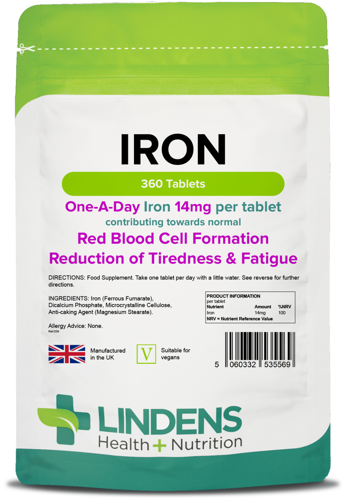 Lindens Iron 14Mg Tablets | 360 Pack | Helps Reduce Tiredness & Fatigue, Supports Normal Oxygen Transportation, Formation Of Red Blood Cells &... - Image 3