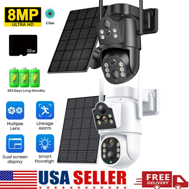 Solar-Powered 4K 8MP Wireless WiFi Pan-Tilt Home Security Camera System with Smart Motion Detection