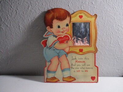 Vintage 1939 Mechanical Large Look in the mirror boy Valentine Card rare