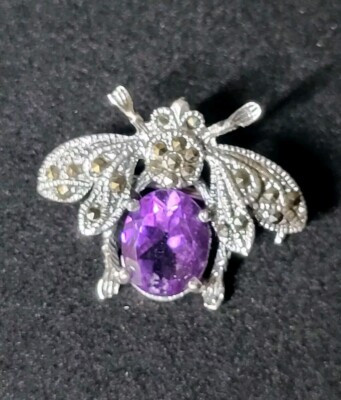 Bee Natural Amethyst & Marcasite 925 Sterling Silver Brooch 2706