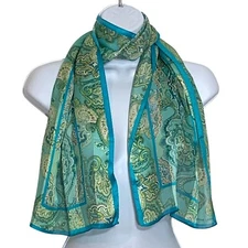 Adrienne Landau Studio Blue Gold Floral SILK Scarf Shawl Bandana 52" EUC