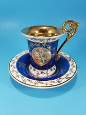 Vintage Bremer & Schmidt East Germany Demitasse Cup and Saucer Set Blue and Gold
