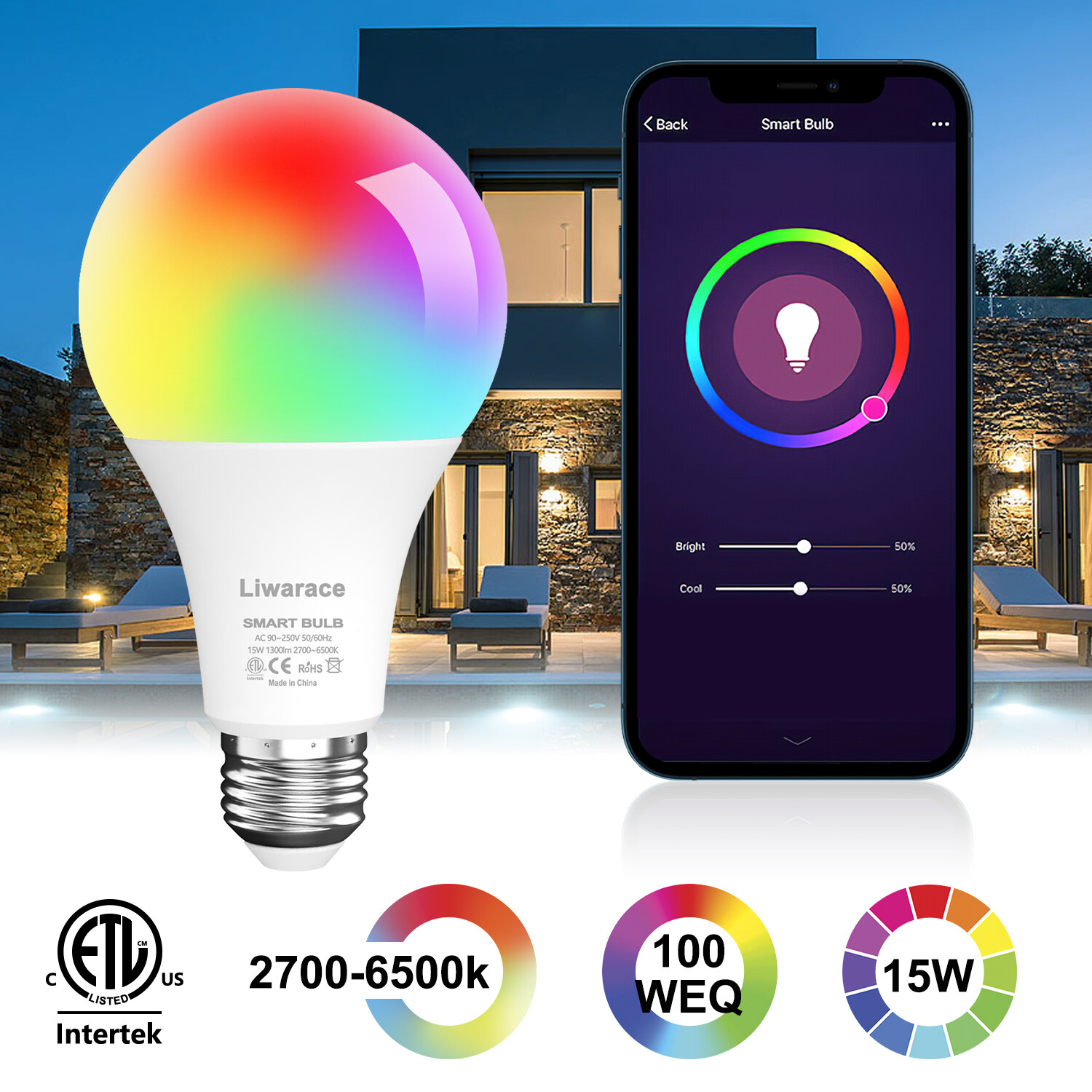 WIFI Smart Bulb Light 12/15W RGB for Alexa Google E26 Dimmable Lamp APP Control-image
