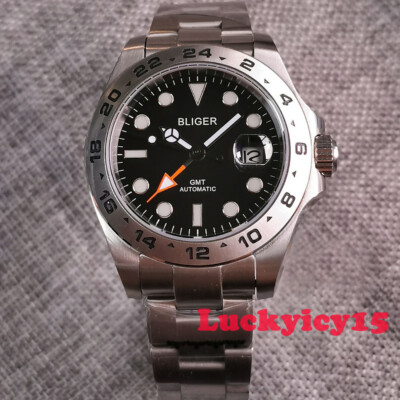 43mm BLIGER black dial luminous GMT Automatic men's watch sapphire glass date