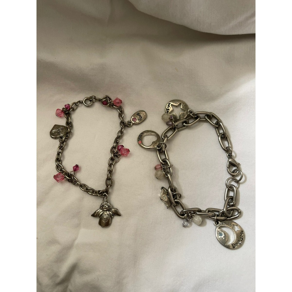 Vintage Silver Tone Angel and Hearts, Love and Dream Dangle Bead Charm  Bracelets