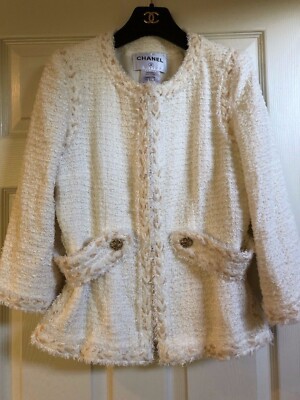 Chanel 10P VINTAGE TWEED ECRU JACKET BRADED TRIM GOLD CC BUTTONS