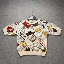 Chaus Sweater Womens Medium White Travel Post Card Pullover Shoulder Pads Tokyo