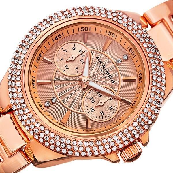 Akribos XXIV AK789RG Swiss Quartz Day Date Crystal Bezel Rosetone Womens Watch Akribos XXIV Women main image 3