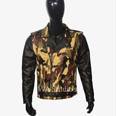 Men's Genuine Premuim Cowskin Leather Camo Biker Handmade Military Style  Jacket