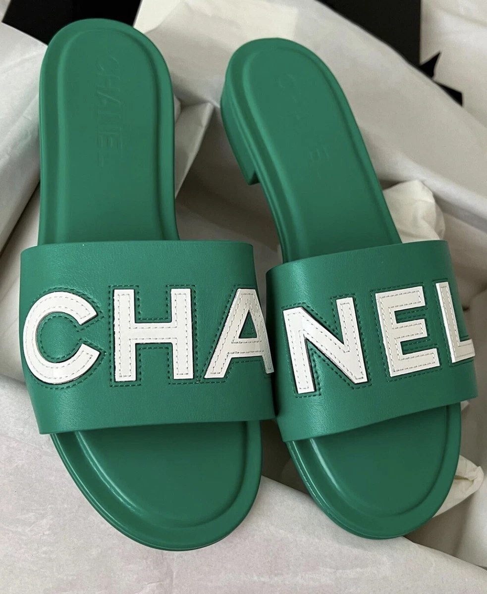 Chanel 23P Green White Leather CC Logo Letter Mules Slide Slip Sandal Flat  41