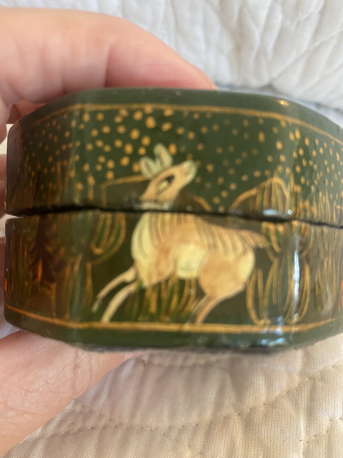 Vtg Kashmir India 8 Sided Hand painted Trinket Box Wild Animals Lacquered  3”
