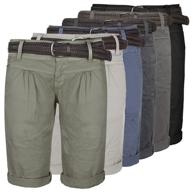 Damen Chino Bermuda Shorts Kurze Capri Hose Stoffhose Sommer Gürtel Fresh Made