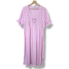 Collections Etc Cotton Nightgown XL Pink Smocked Bodice Floral Heart Modest
